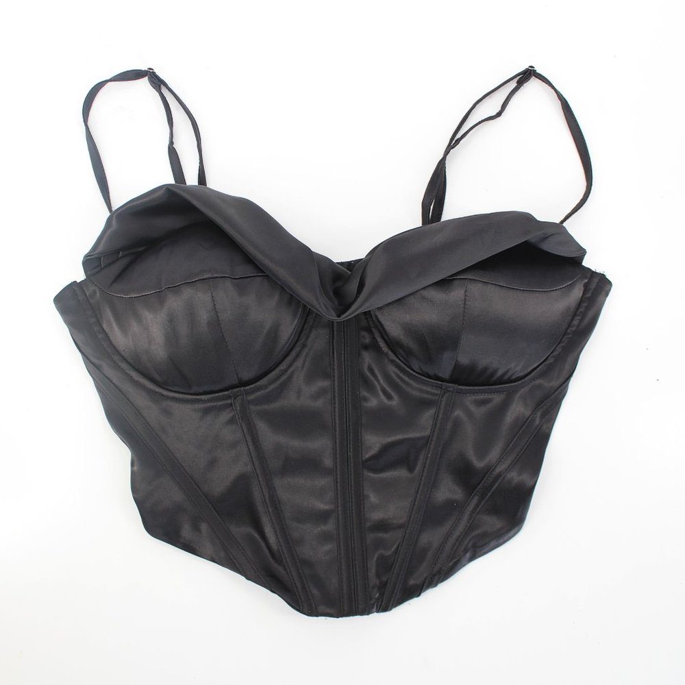 Black Satin Corset Bustier Top L Boned Padded Drape Cowl Neck Stretch Adj. Strap - Picture 4 of 15